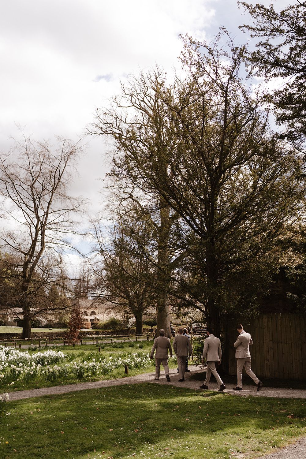 People walking along a garden path lined with spring daffodils and tall bare trees on an overcast day.