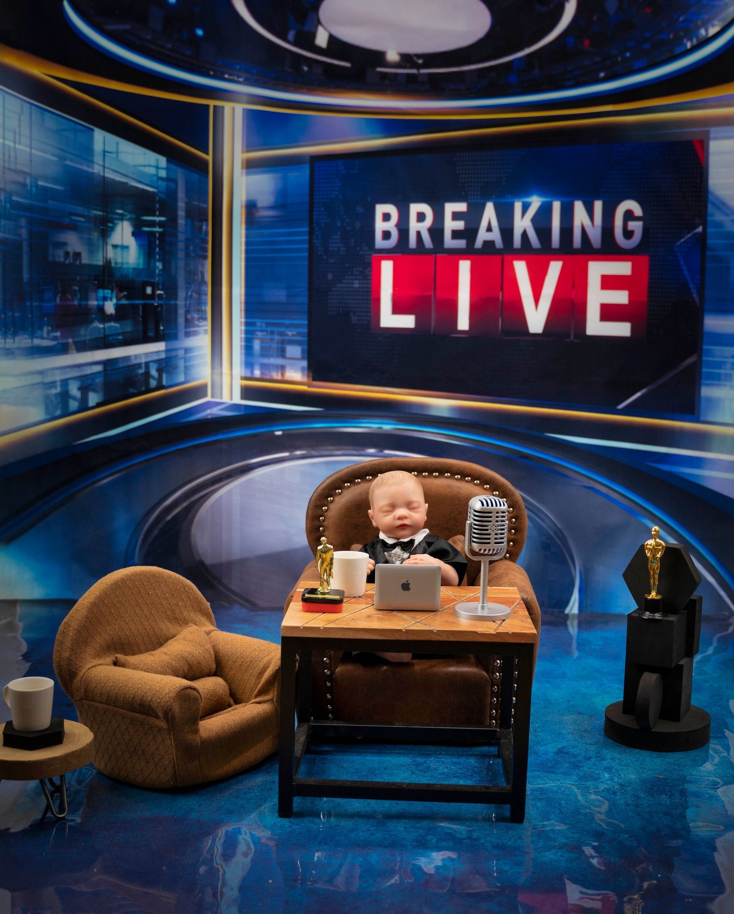 Studio setup with breaking news desk and television production elements in blue tones.