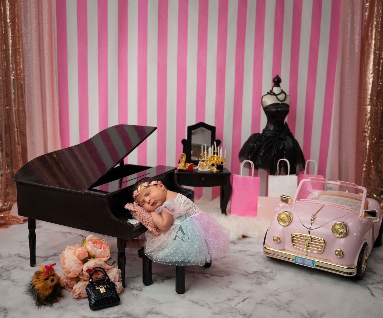 Newborn Baby Diva Posing on Piano