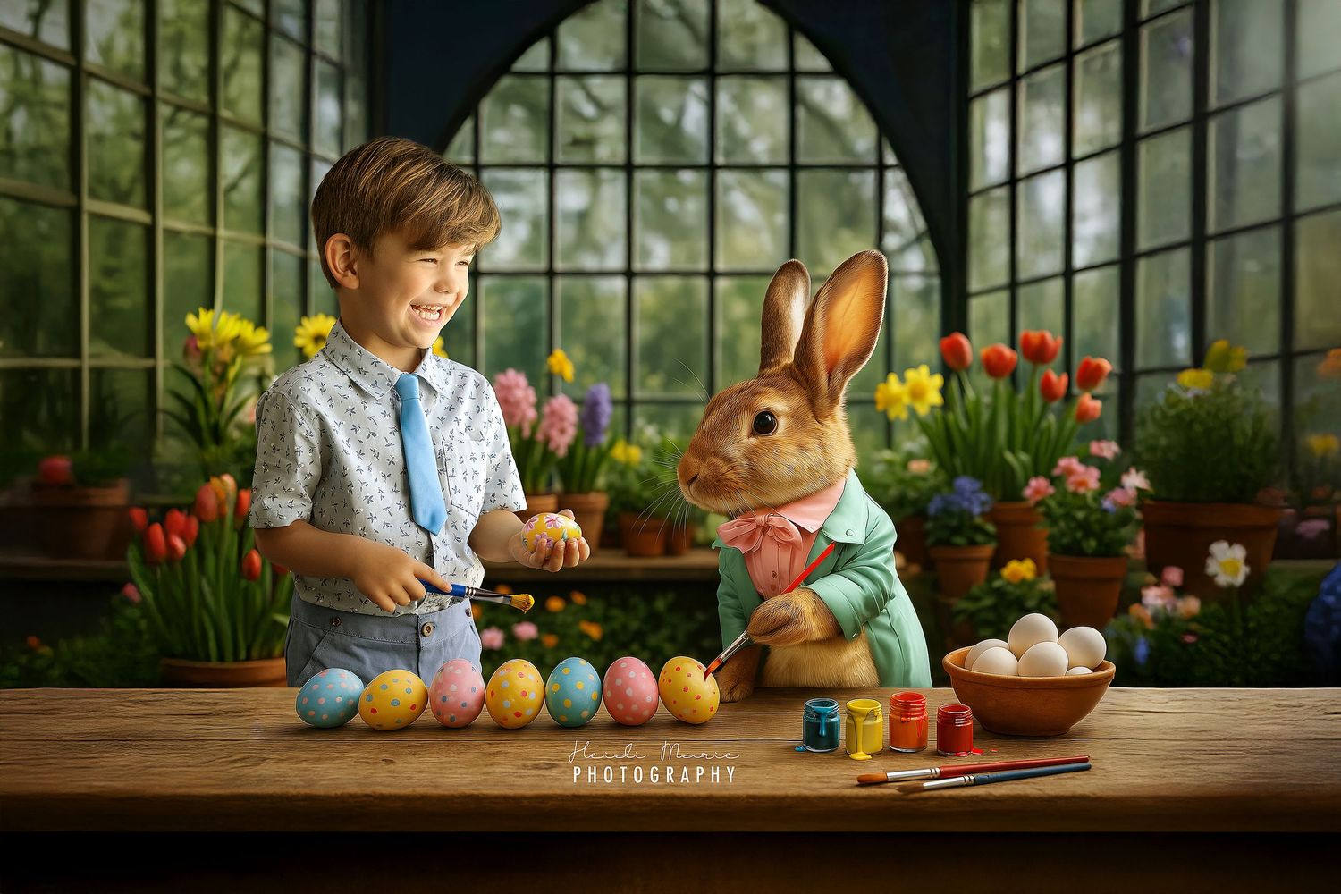 Ace paints Easter eggs alongside the Easter Bunny in a sunlit greenhouse filled with spring flowers and bright, cheerful colors.