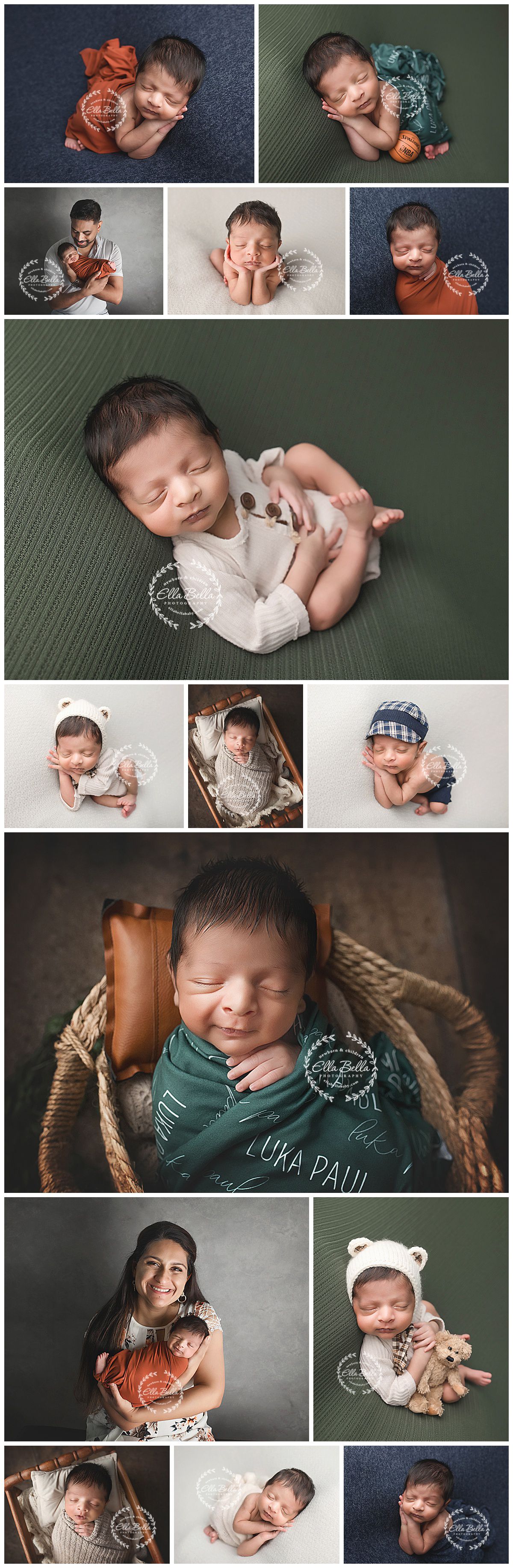 Professional newborn photo collage showcasing baby in various poses with rustic props and soft lighting on textured backgrounds.