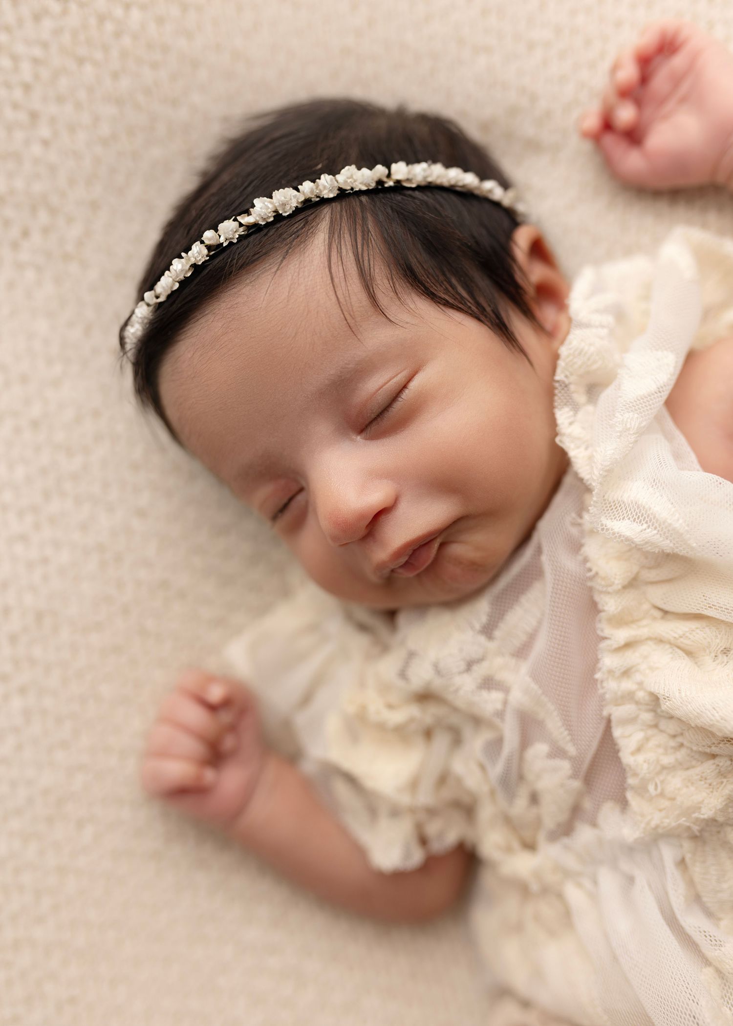 Sweet newborn sleeps with lips pursed. Elizabeth Lang Photography Surrey portrait studio.