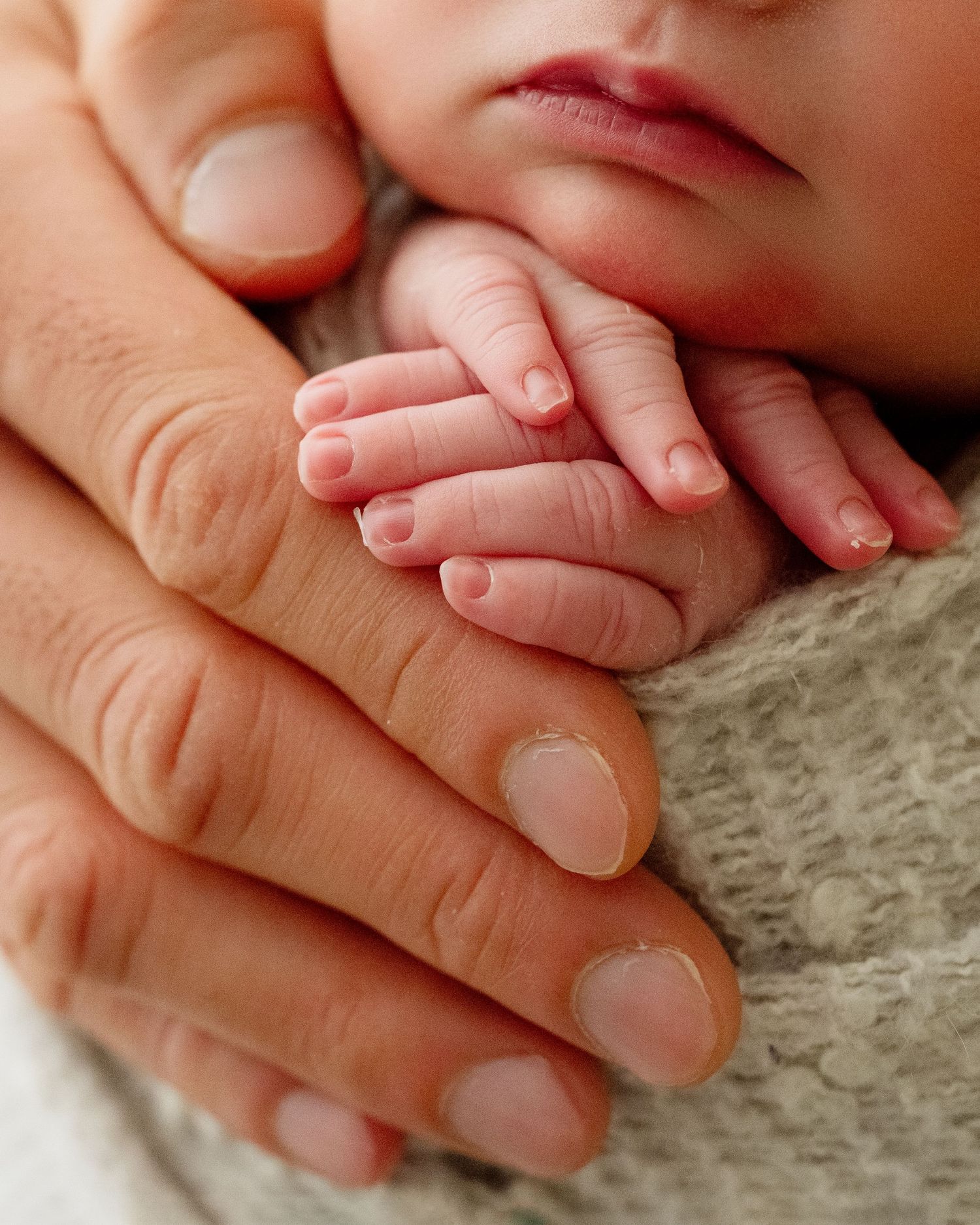 A tiny baby hand gently clasped between adult fingers on a soft knitted fabric background.