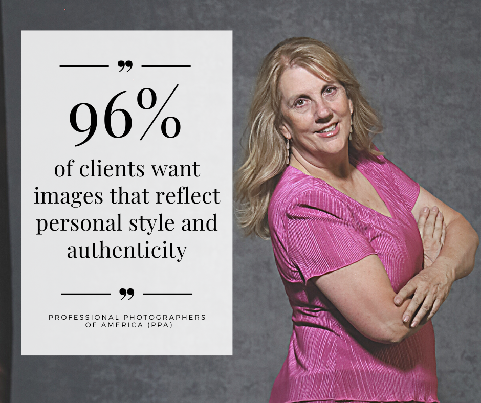 Professional marketing statistic showing 96 percent of clients want authentic images, with person in pink dress beside text.