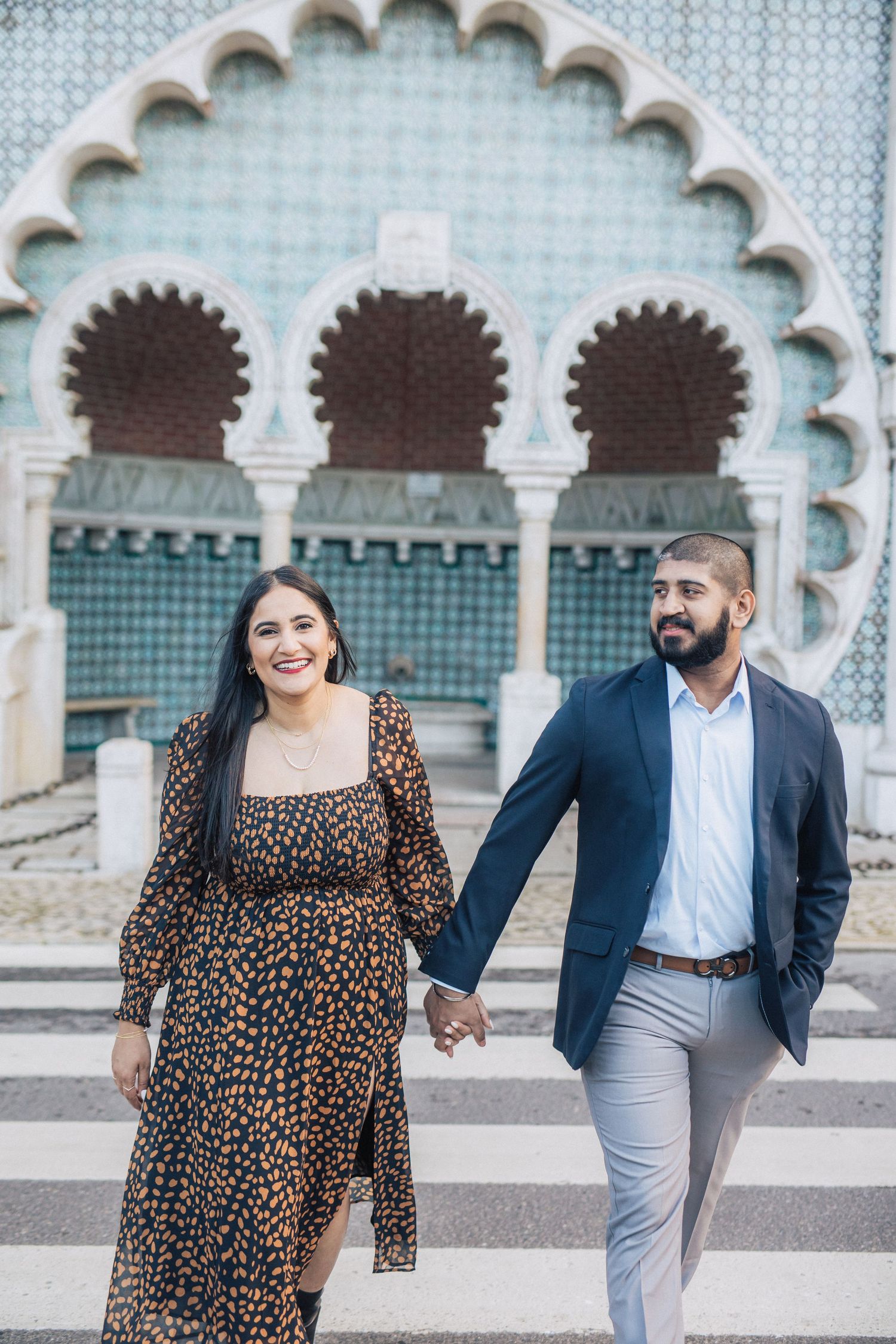 Romantic engagement photoshoot at mourish fountain in the historic Sintra village center during a Destination Wedding in Portugal