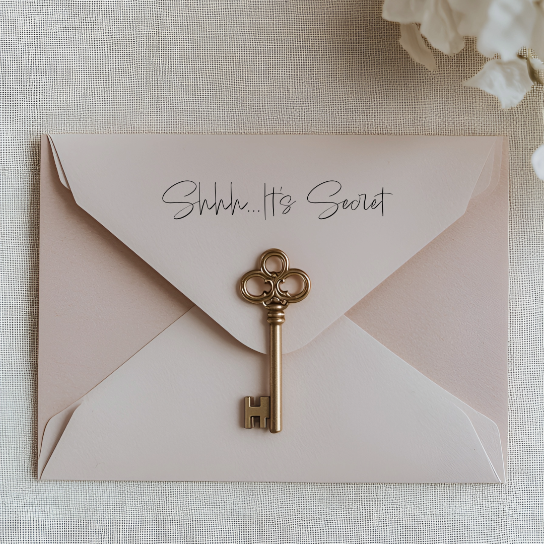 Light pink envelope with "Shhh...It's Secret" text and decorative vintage brass key on beige linen background.