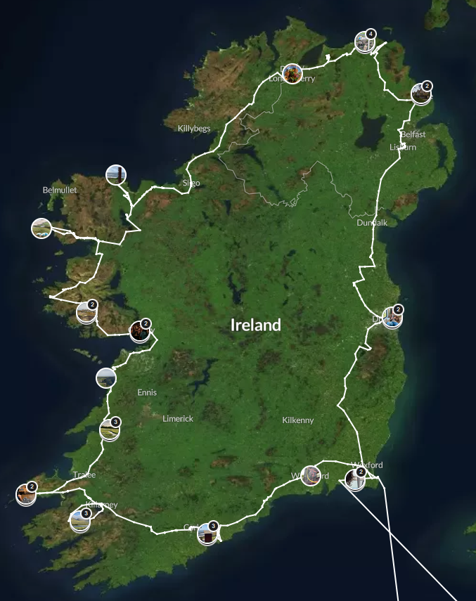 carte de notre road trip en irlande 11 jours pour faire le tour de l'irlande