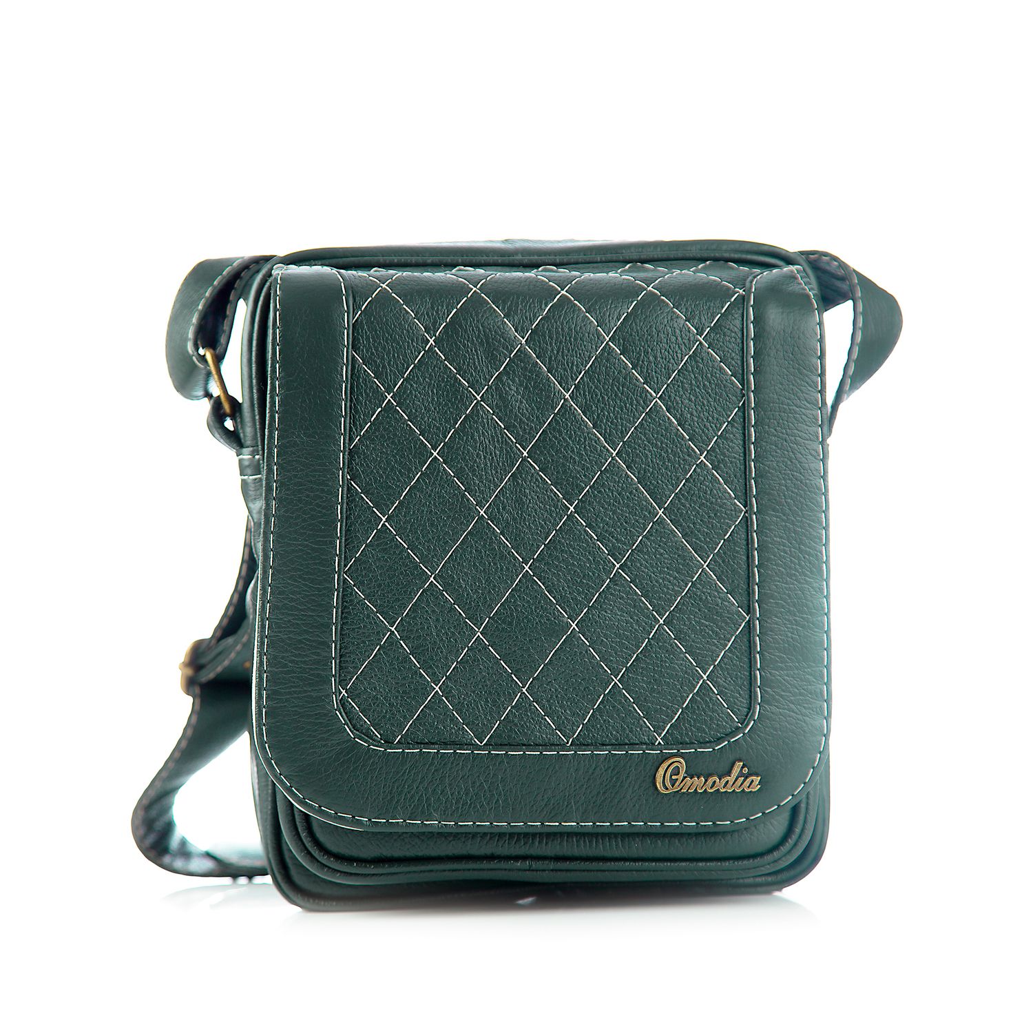A stylish dark green leather crossbody bag with quilted diamond pattern stitching and adjustable shoulder strap.