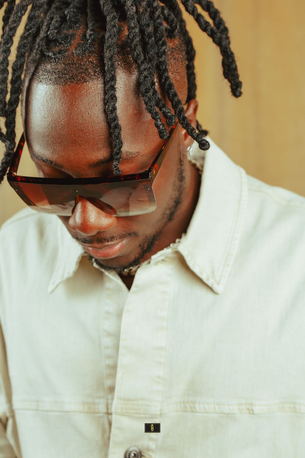 Closeup shot featuring dreadlocks hairstyle, sunglasses and white collar shirt against warm background.