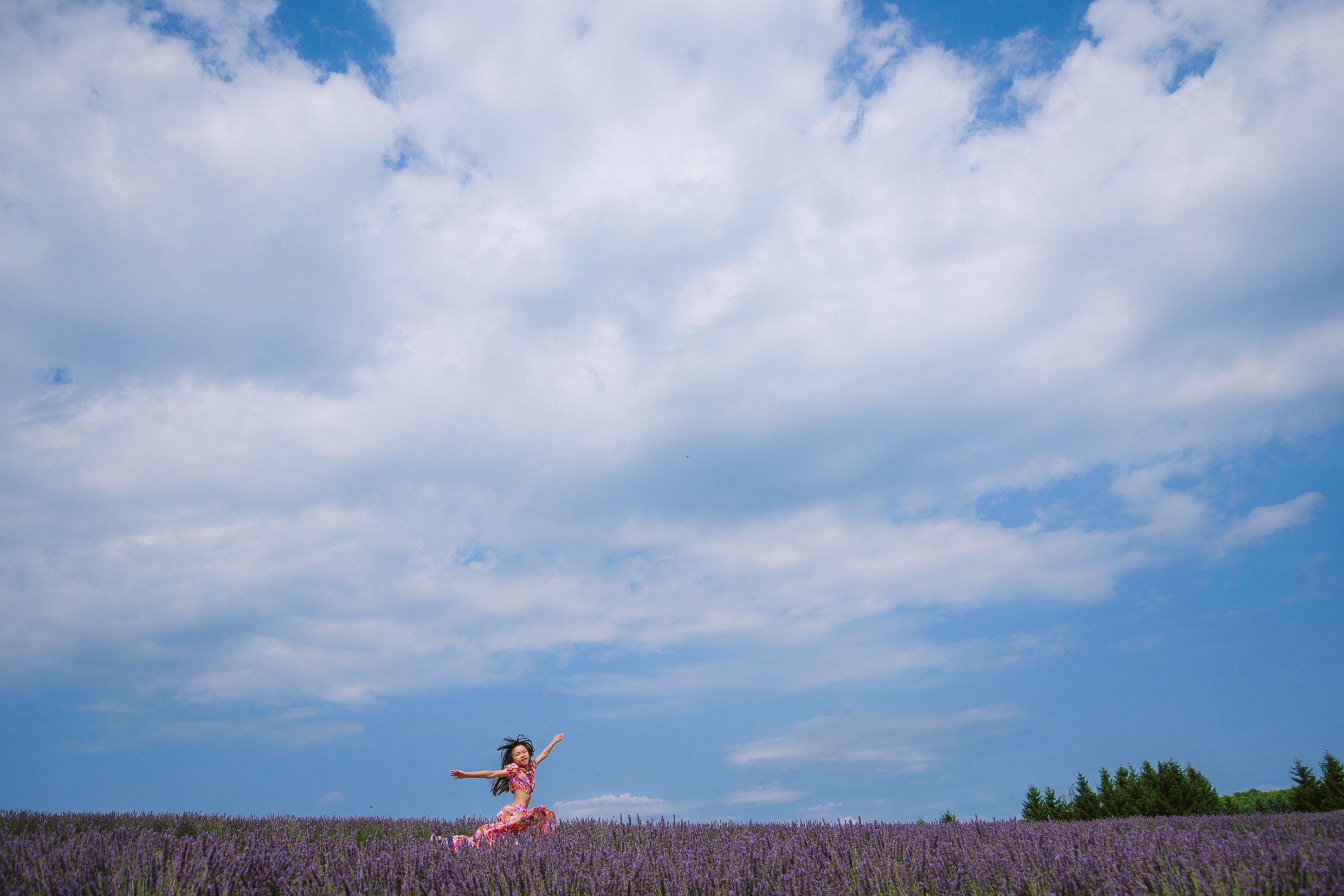 A person in a red dress dances joyfully through a vibrant purple lavender field under a bright blue cloudy sky.