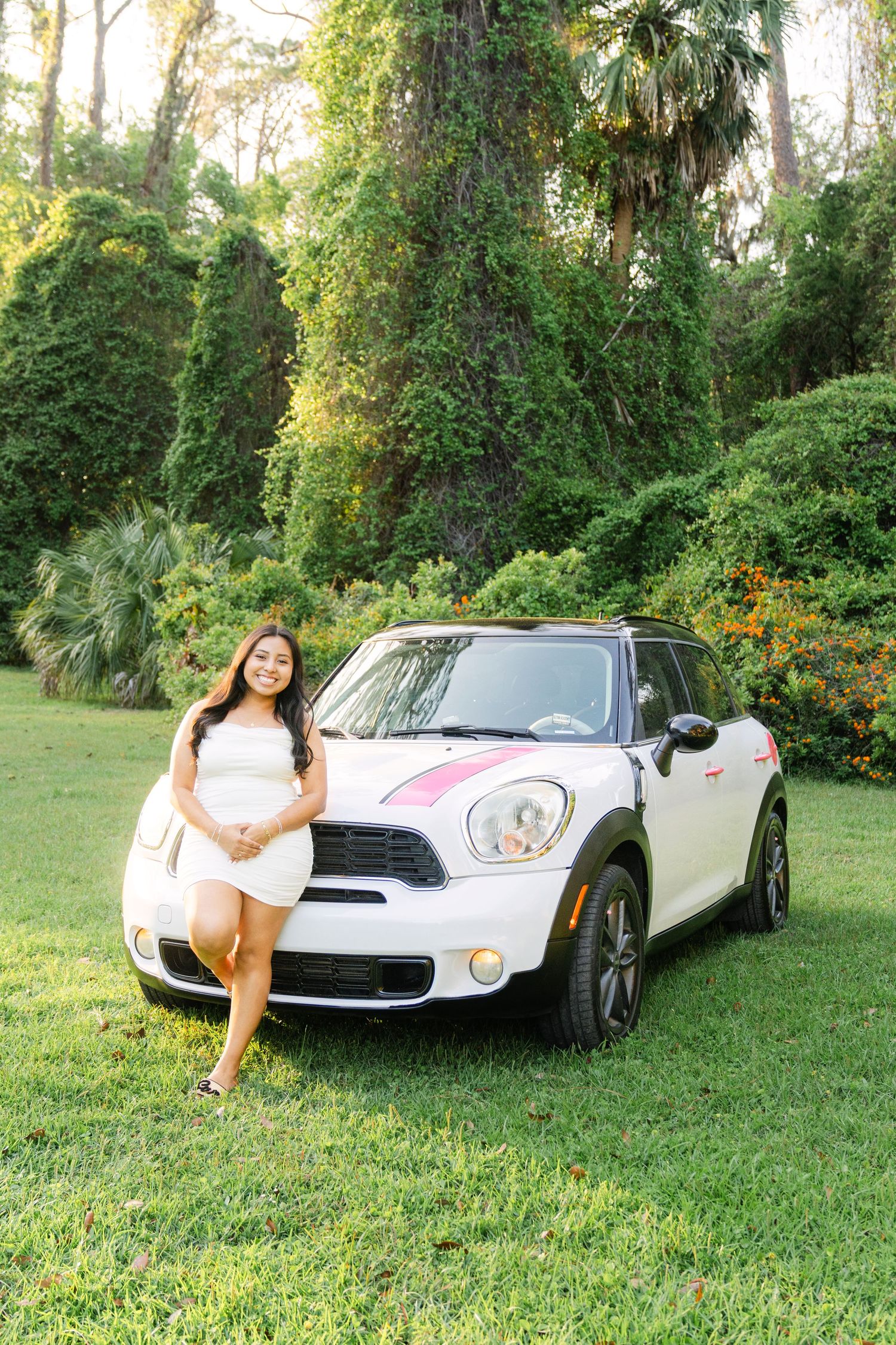 Senior portraits on Jekyll Island with Heidi and her pink Mini Cooper