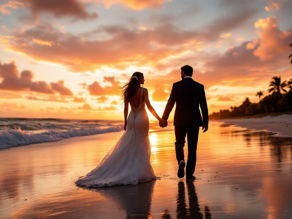 A couple holding hands walks along a beach at sunset with orange clouds and waves reflecting on wet sand.