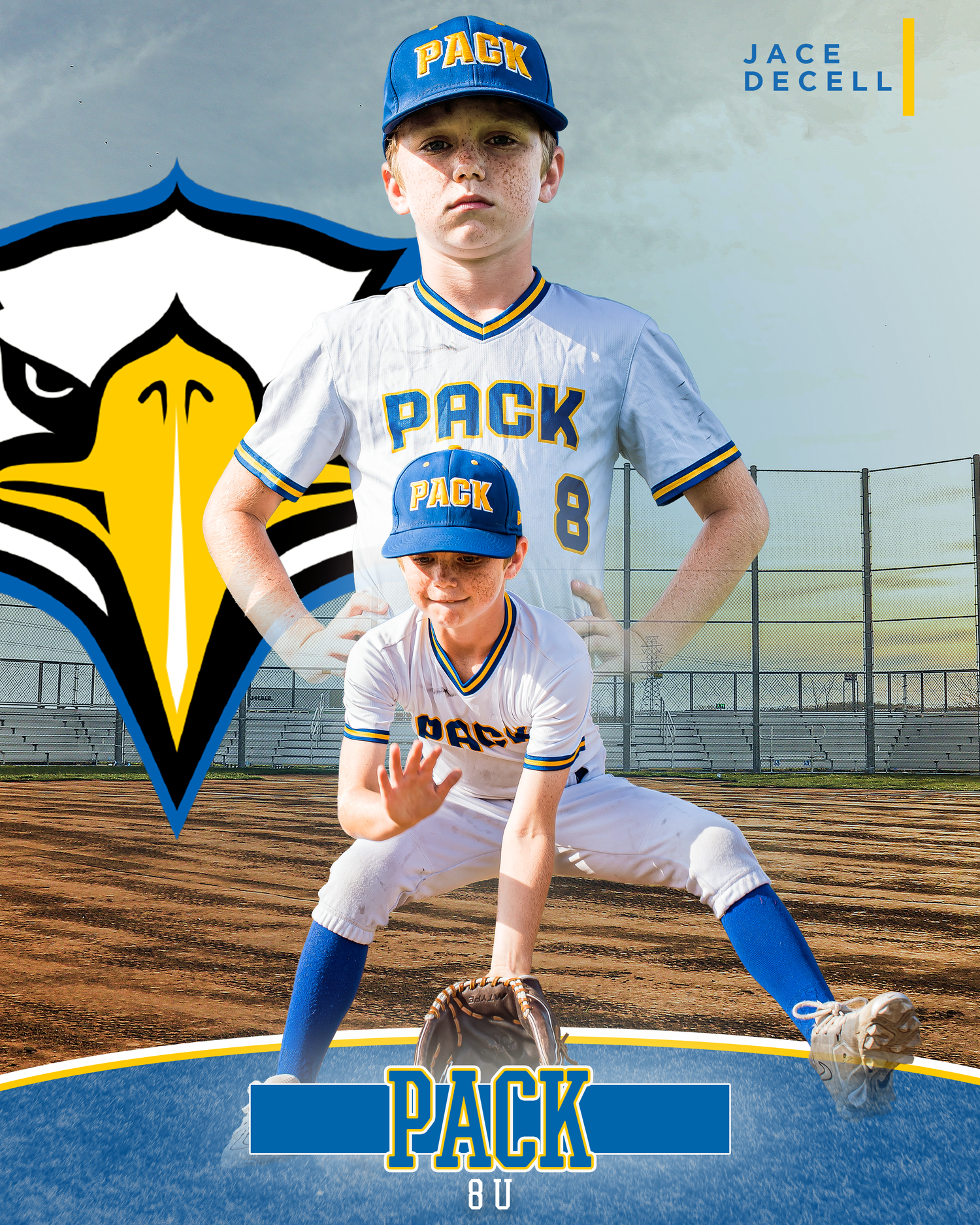 Baseball themed sports portrait with eagle mascot logo and players in white uniforms.