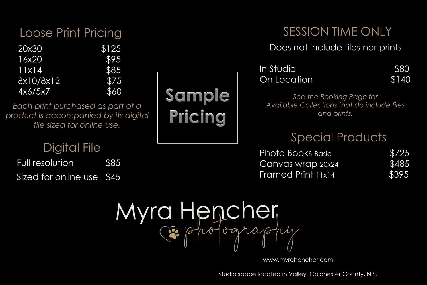A professional photography pricing list displaying packages and product costs on a black background.
