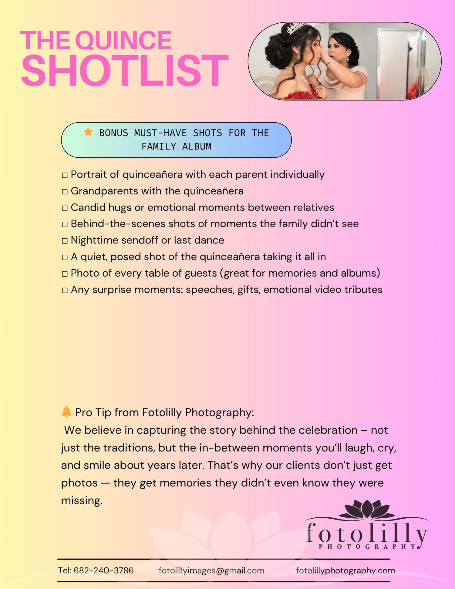 The Ultimate Quinceanera Photography Checklist for your Quince Celebration in Dallas Fort Worth by fotolilly photography DFW's Best Quince