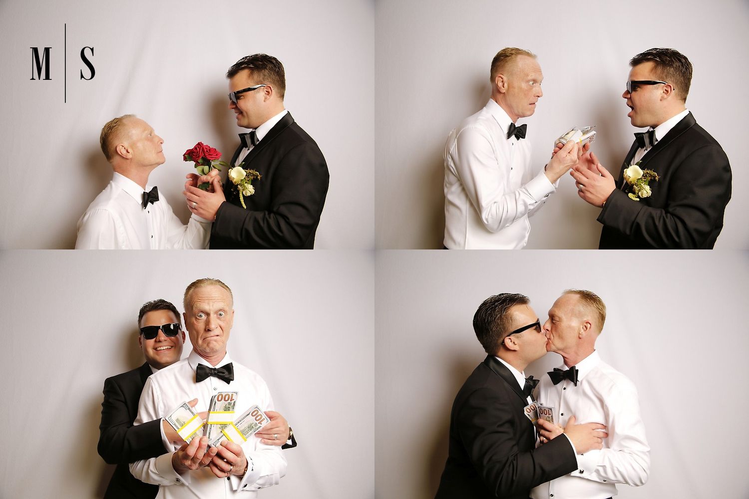 Grooms pose with props for studio photo booth portraits during their wedding at Detroit Athletic Club