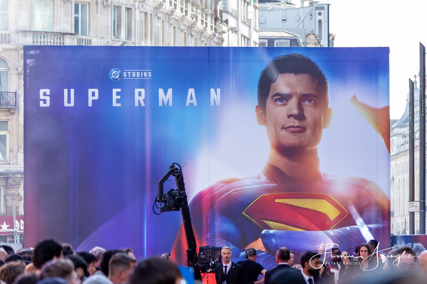 Superman 2025 movie promotion banner displayed outside Cineworld Leicester Square in London