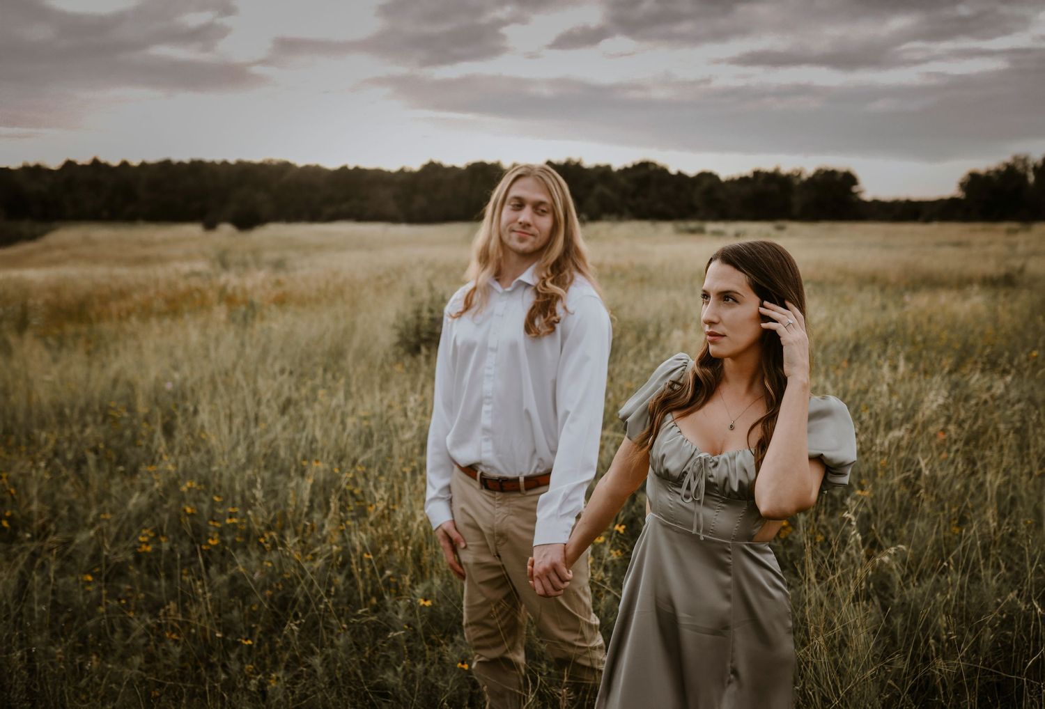 Texas engagement session with rustic natural light in open field