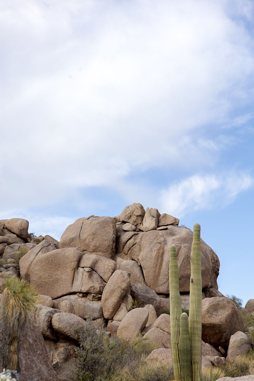 Rocky desert landscape with tall saguaro cactus growing among large boulder formations under a blue cloudy sky.