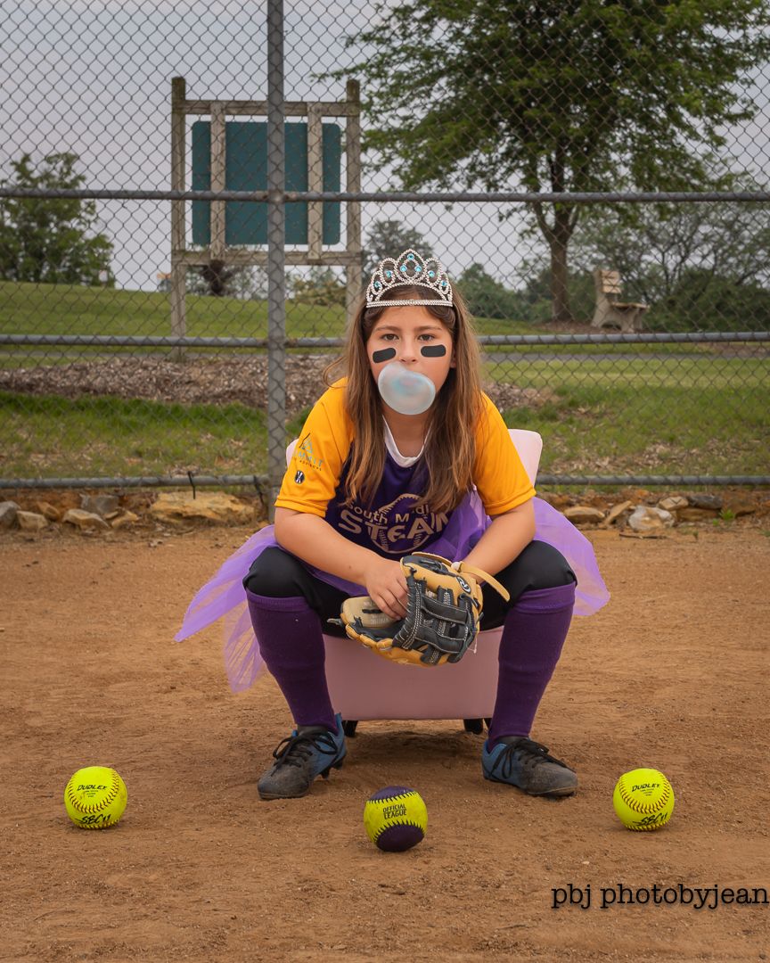 Progression of softball catcher practicing low stance techniques with yellow ball on dirt field.