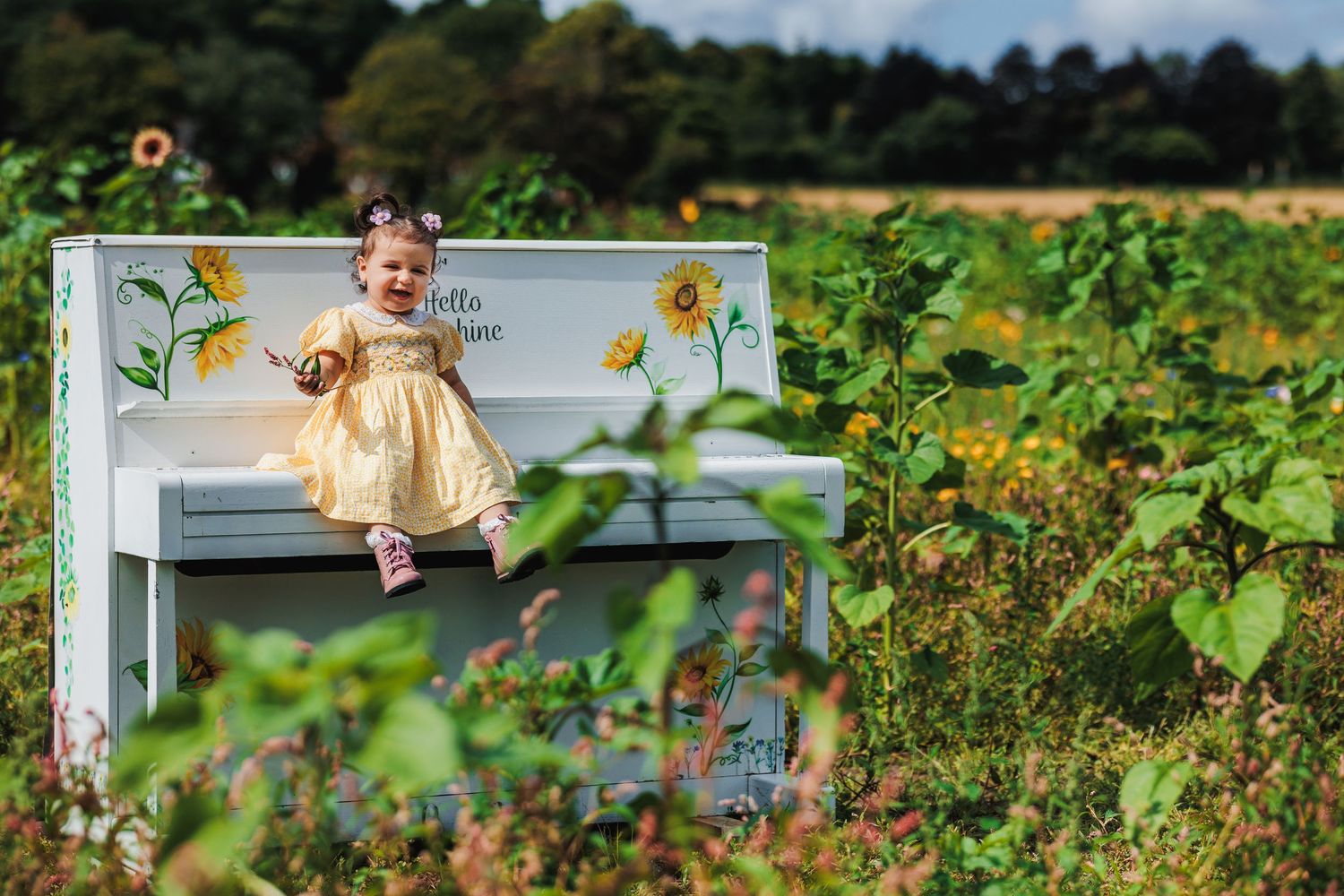 A white piano sits in a sunflower field on a sunny day, creating a whimsical outdoor scene.