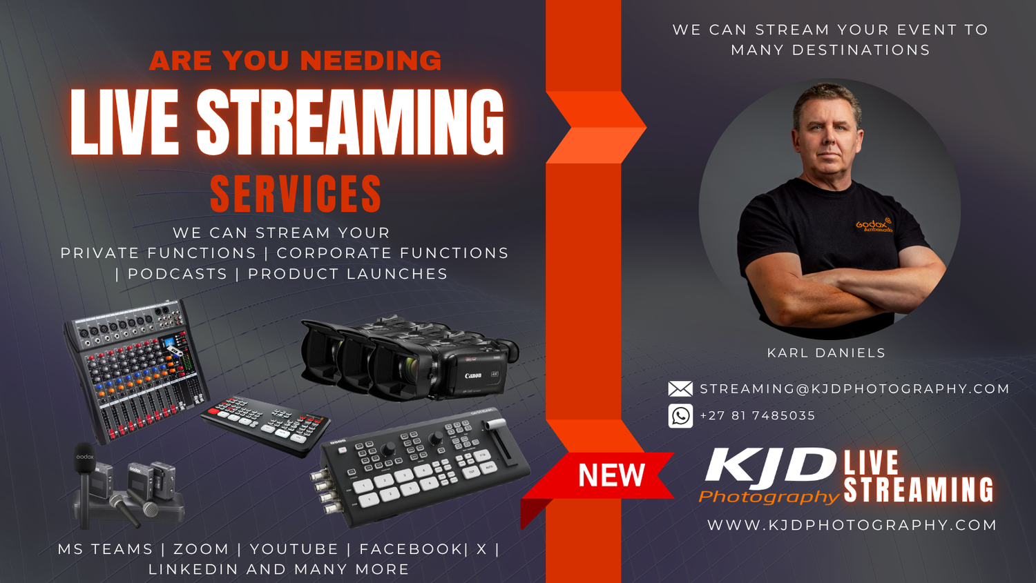 Professional live streaming services advertisement showing audio-visual equipment and a dark background with red accents.