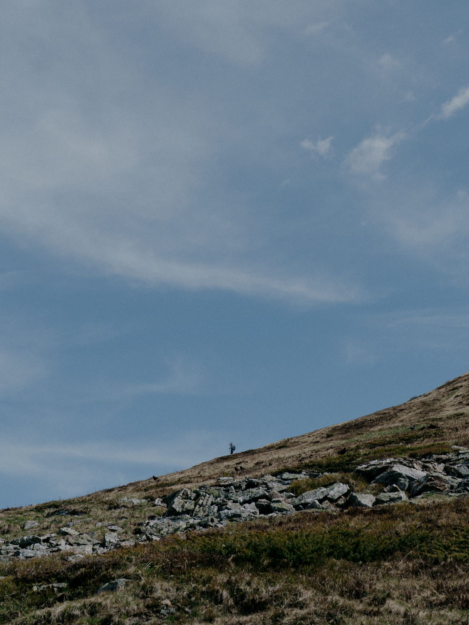 A small silhouette stands atop a rocky hillside against a blue sky with wispy clouds.