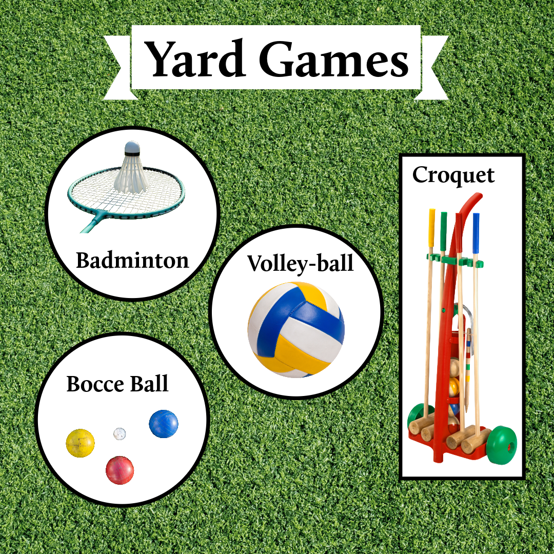 A green grass background with sports equipment icons including croquet mallets, volleyball, badminton rackets and bocce balls.