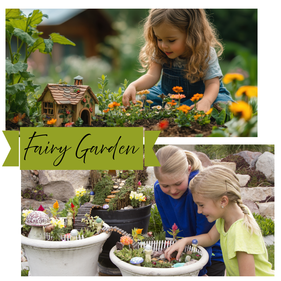 Young gardeners create whimsical miniature fairy gardens with tiny houses, flowers and decorative elements in outdoor containers.