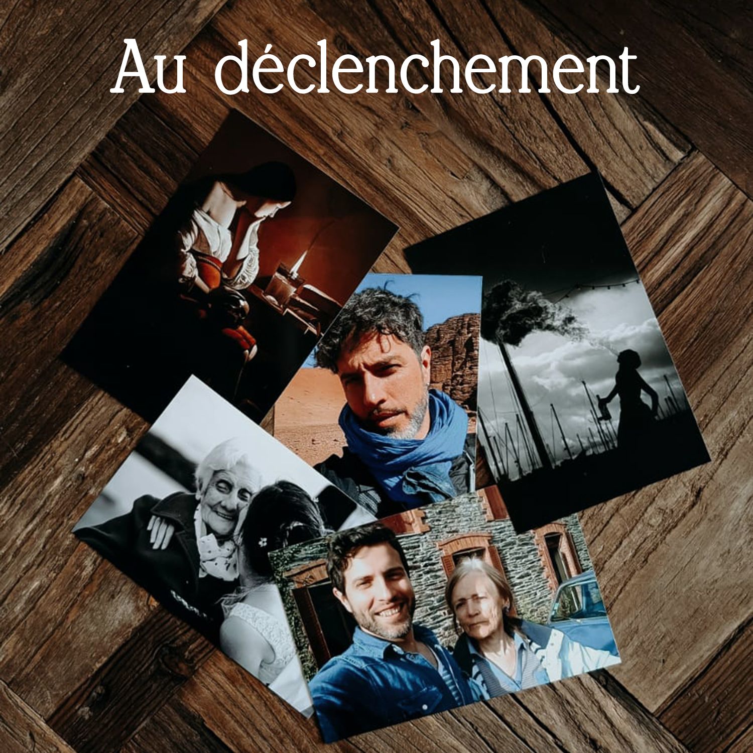 Black and white and color photographs scattered on a wooden floor, showing various lifestyle and personal moments.