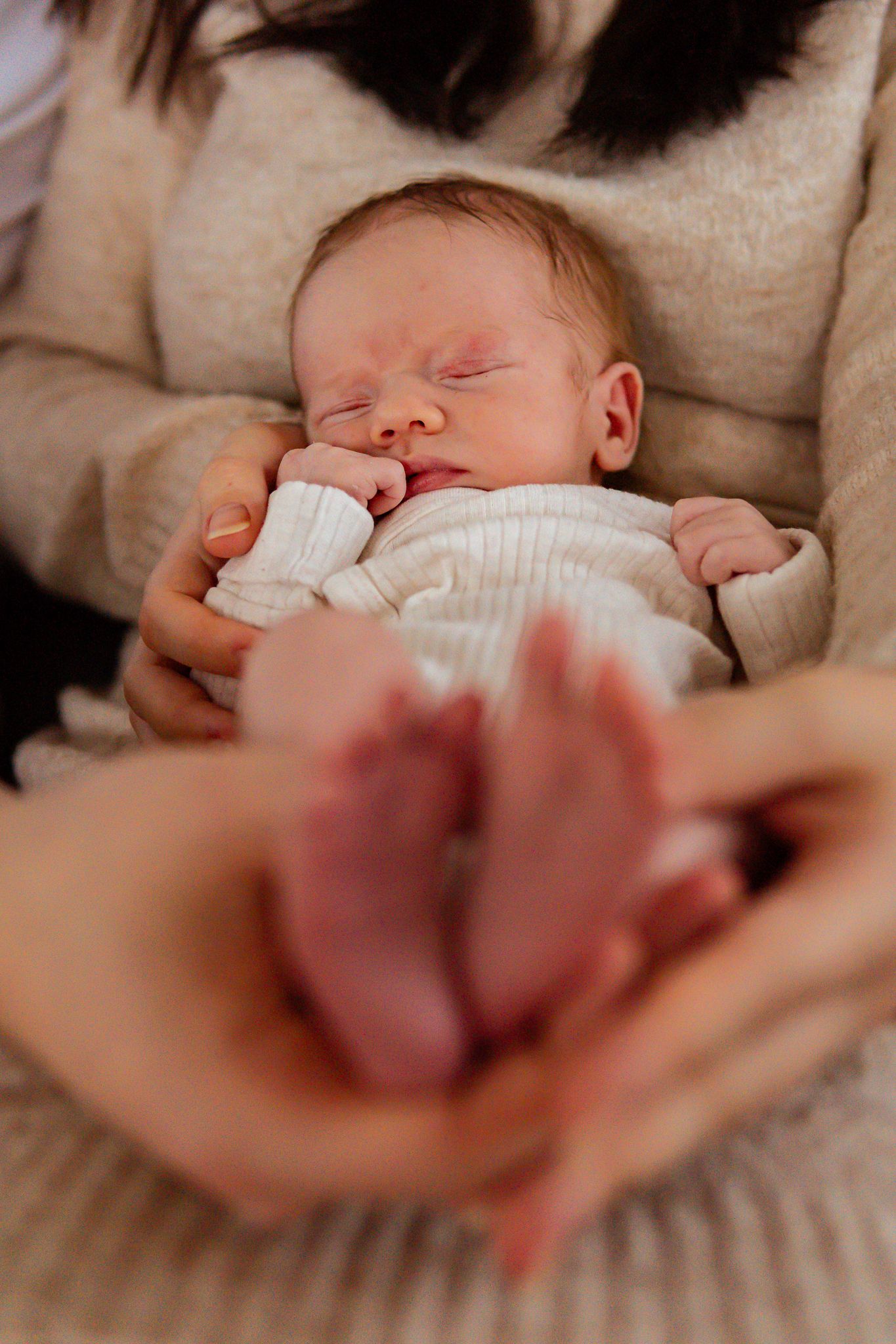En sovande nyfödd bebis i vit body ligger i knät omhållen av varsamma händer. Fotograf, nyföddfotograf, Umeå, Västerbotten