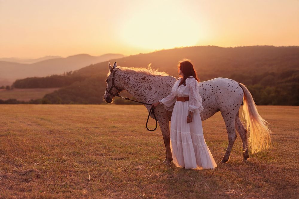 A person in a white dress leads a speckled white horse through a golden meadow at sunset.