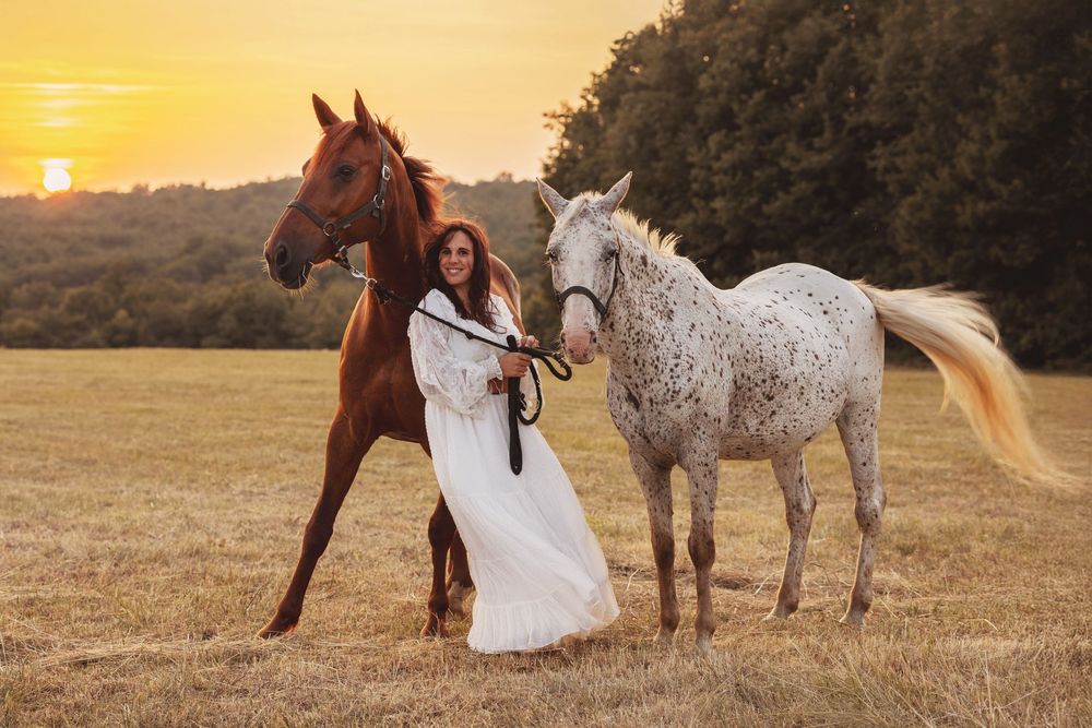 A horse stands beside someone in a flowing white dress at sunset in a golden meadow.