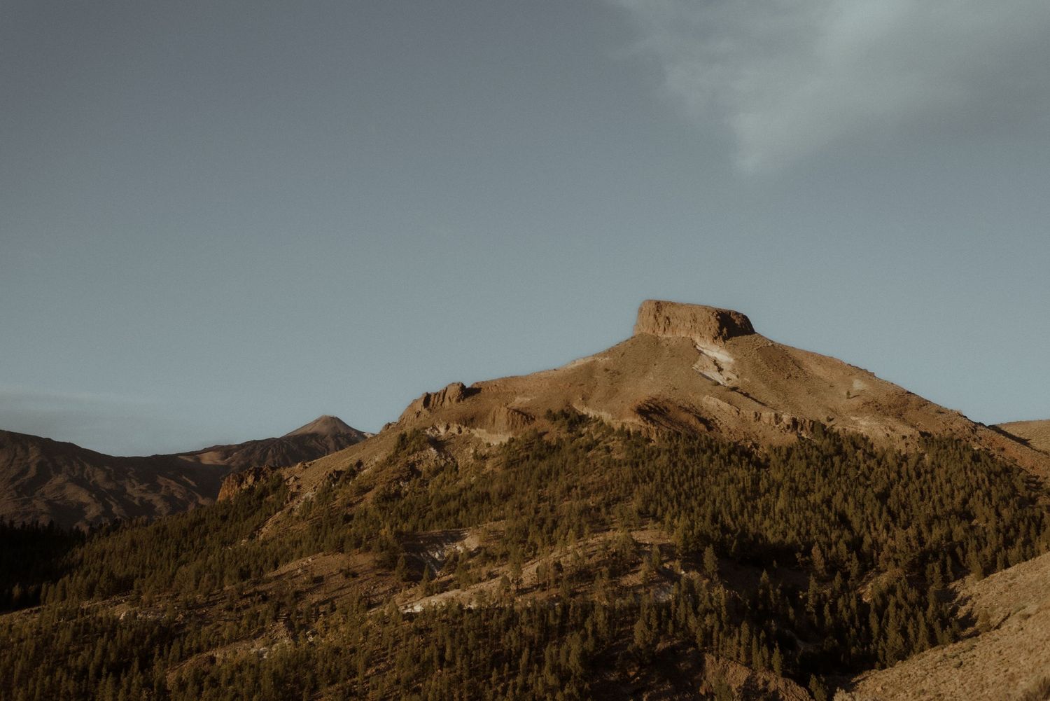 A majestic mountain peak rises above forested slopes under a cloudy sky. Tenerife Wedding Photographer at Teide.