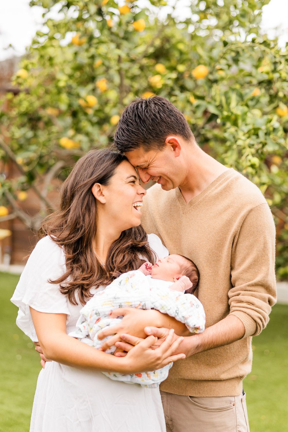 A couple shares an intimate moment with their newborn baby in a garden setting with citrus trees in the background.