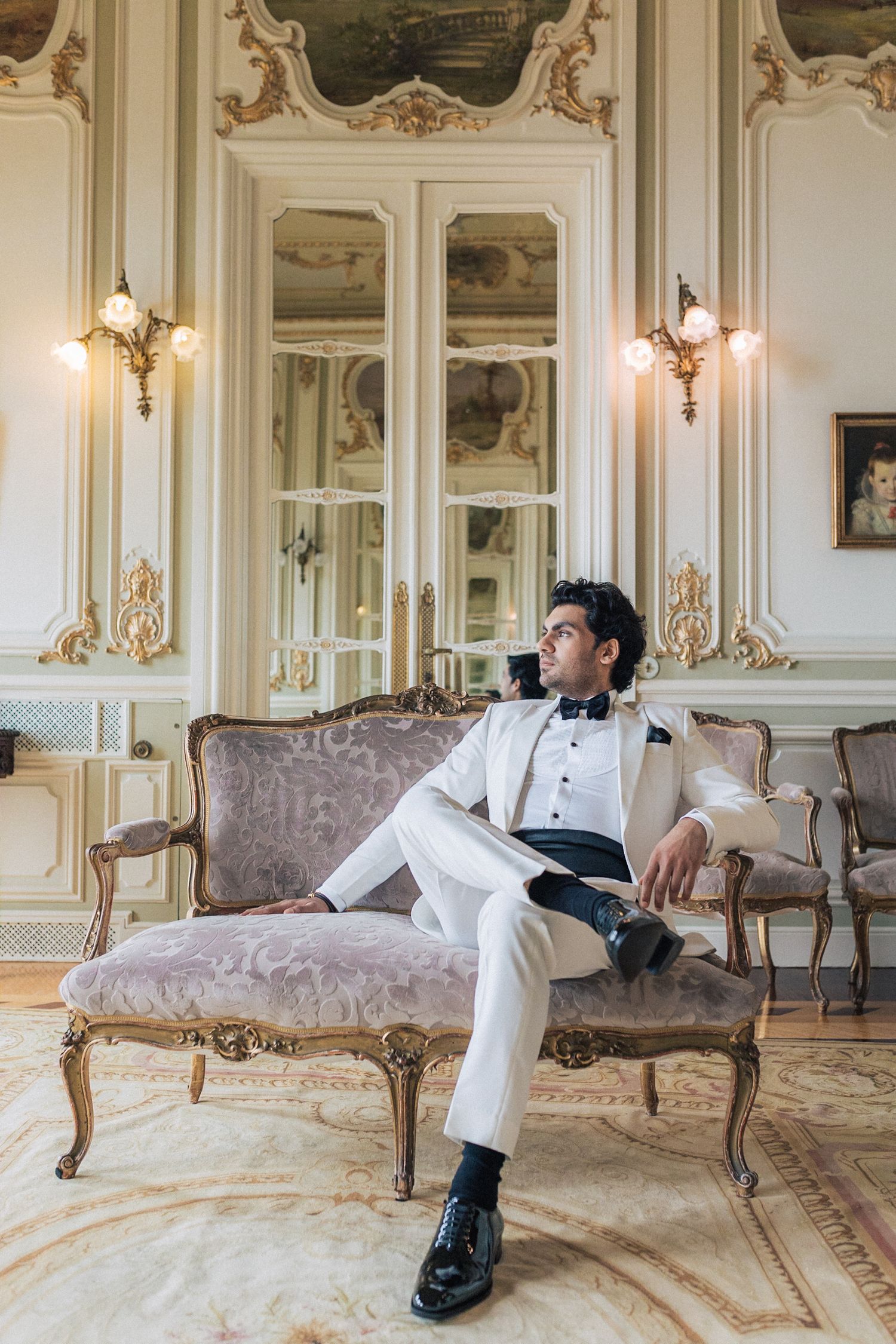 Styled destination engagement photography at Pestana Palace, Lisbon, by a portugal wedding photographer
