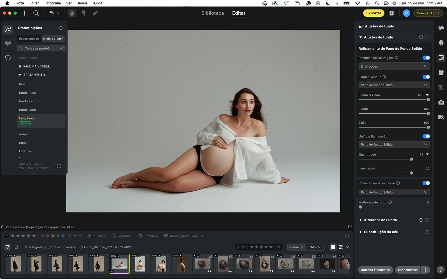 Photo editing interface shows studio portrait on gray backdrop with white shirt and lingerie in Capture One Pro software.