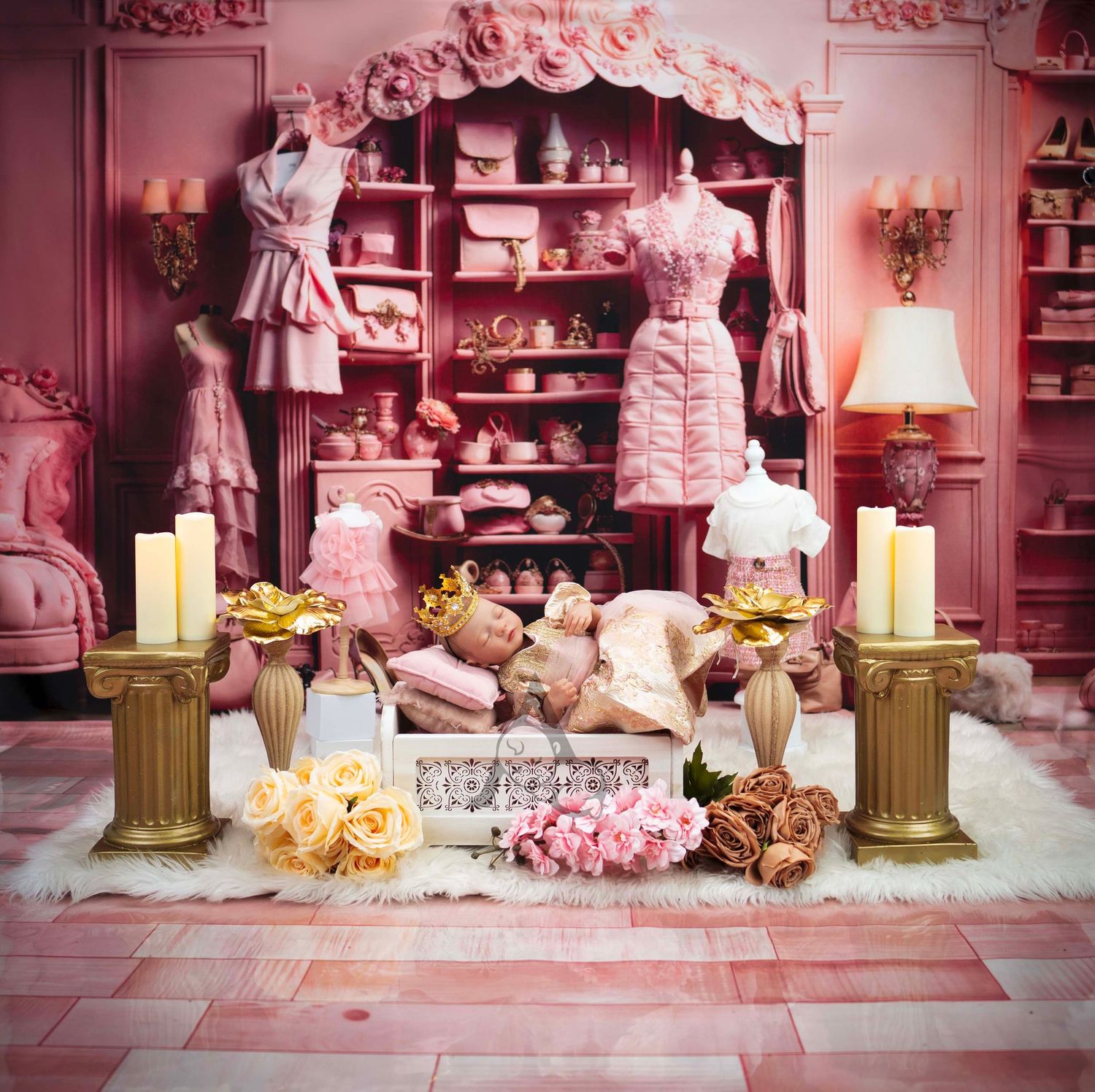 Pink vintage themed room with ornate display cabinet, candles, and feminine decor elements.