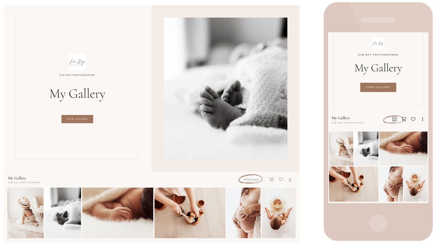 Mobile app mockup showing minimalist gallery interface with soft beige tones and lifestyle photography thumbnails.