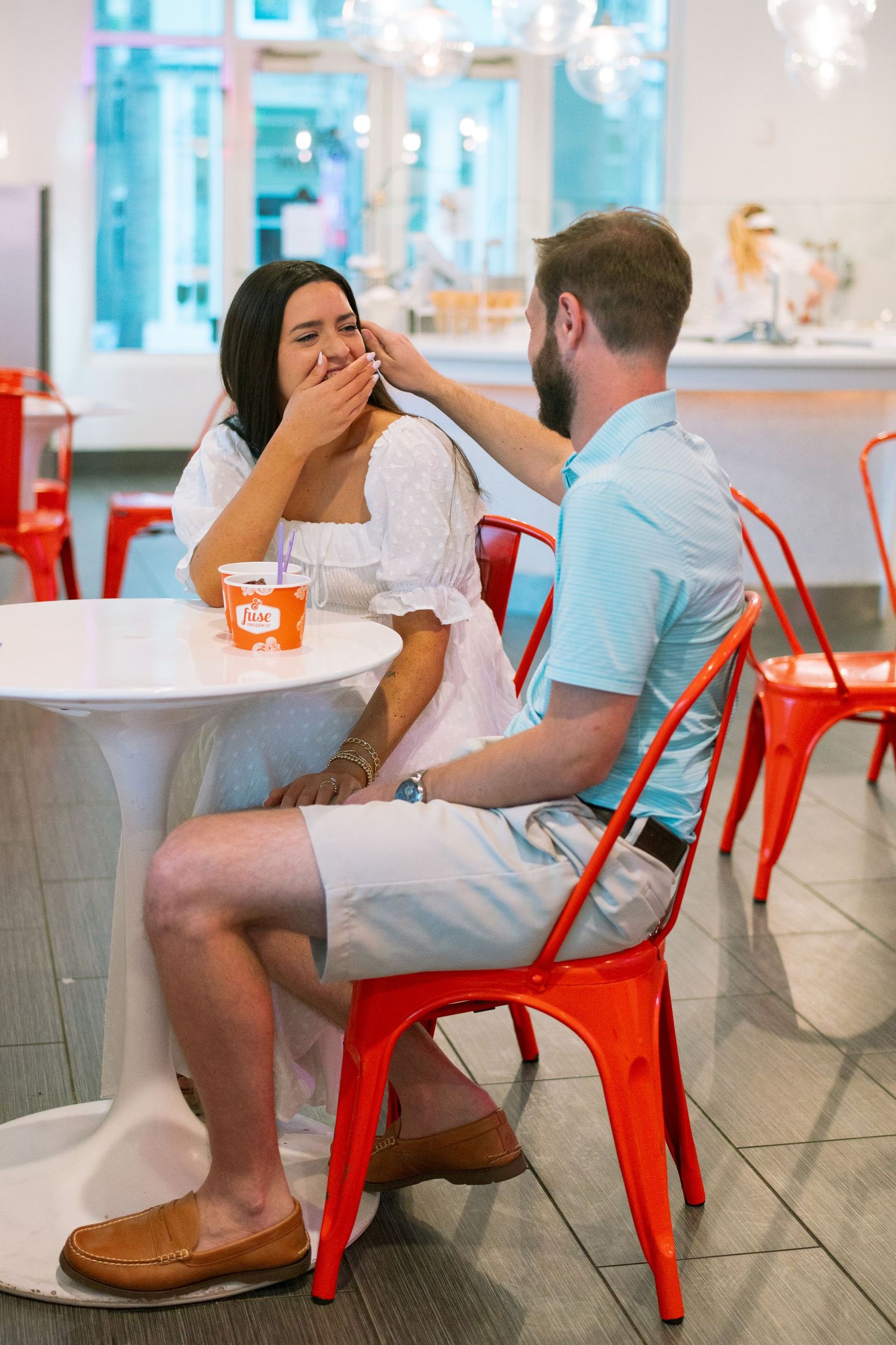 Close-up of soft serve topped with candy from Fuse Frozen Yogurt on Jekyll Island during an engagement session