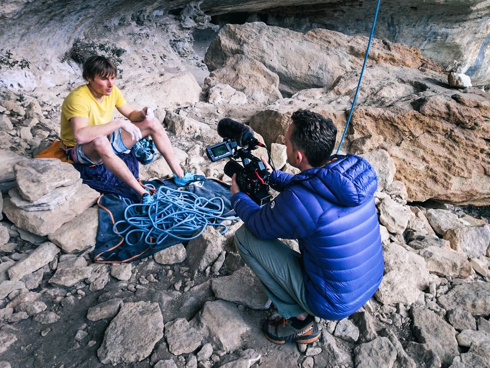 Jan Virt climbing photography with Alex Megos in Buoux, France. April 2025.