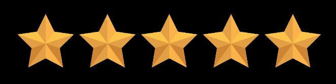 Row of five golden star icons against black background representing perfect rating.