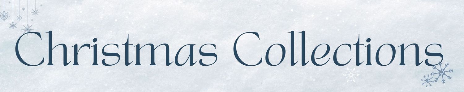 Text reading 'Christmas Collections' in blue serif font against snowy white background.