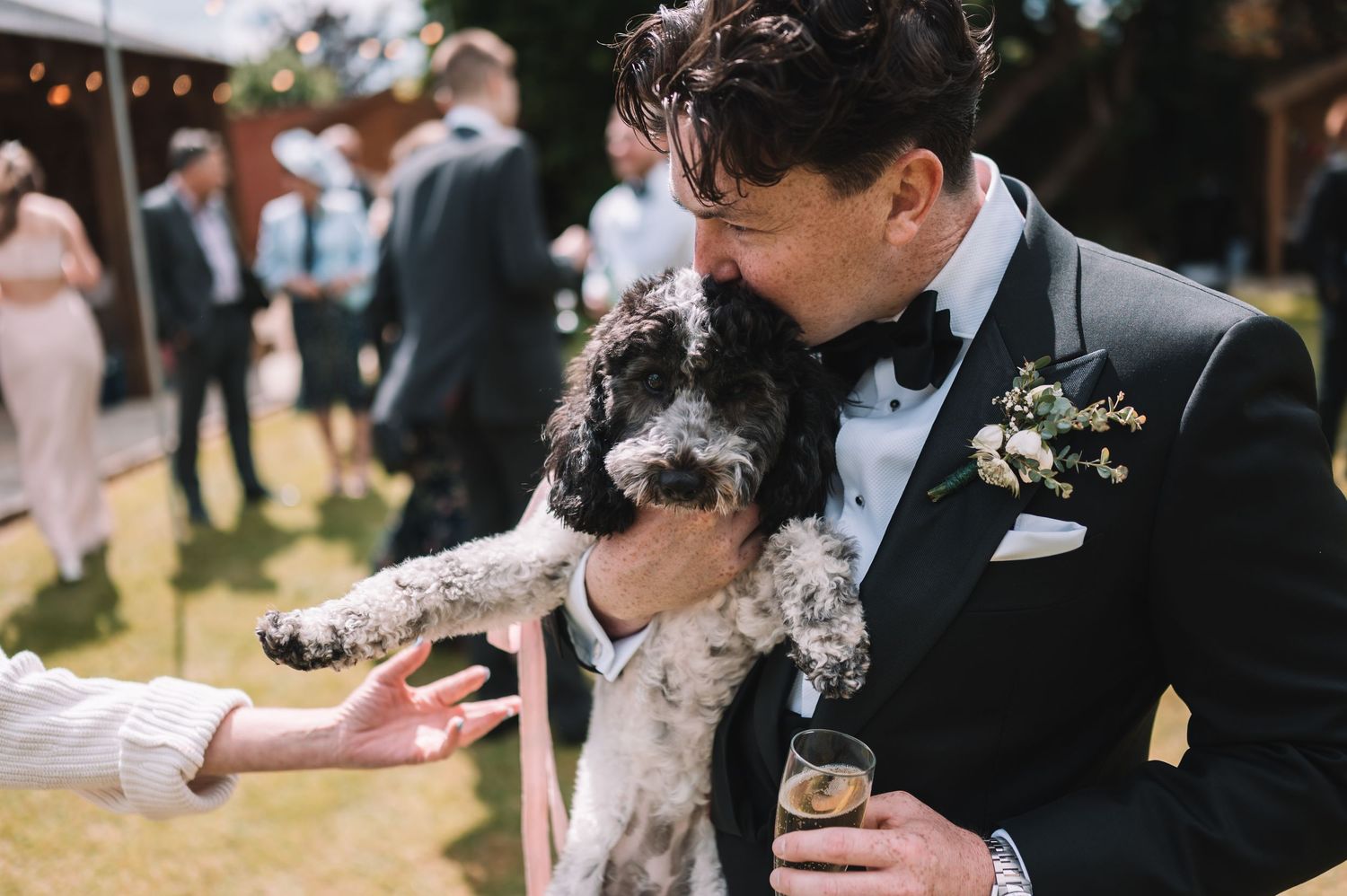 A person in a black tuxedo shares a sweet moment with their black and white dog during an outdoor wedding celebration.