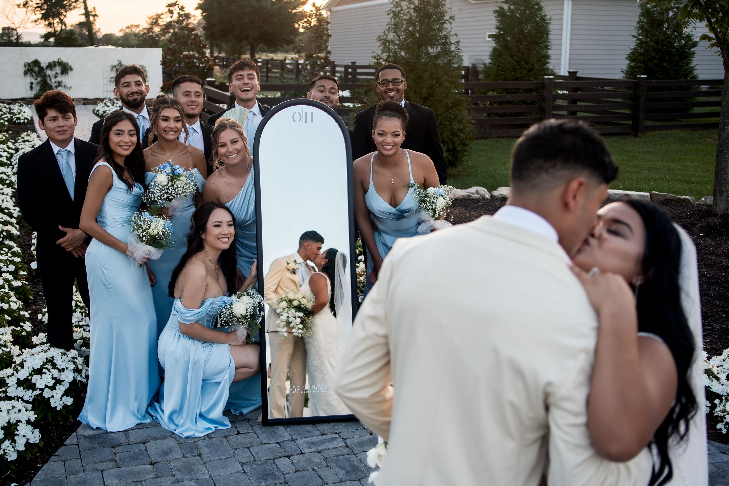 Collage of wedding moments showing couples and guests celebrating at an outdoor reception in a backyard setting.