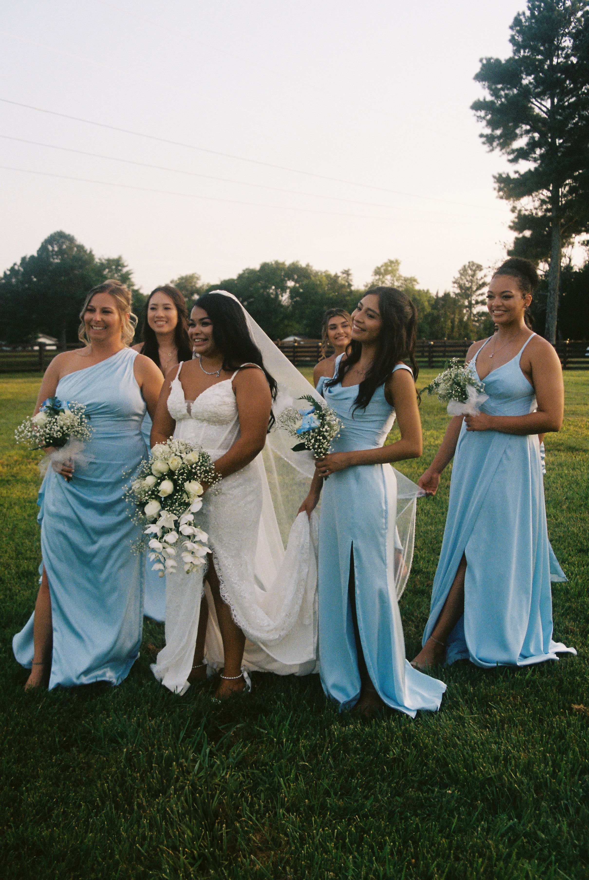 Bridal party in light blue bridesmaid dresses and white wedding gown pose on grassy field during sunset.