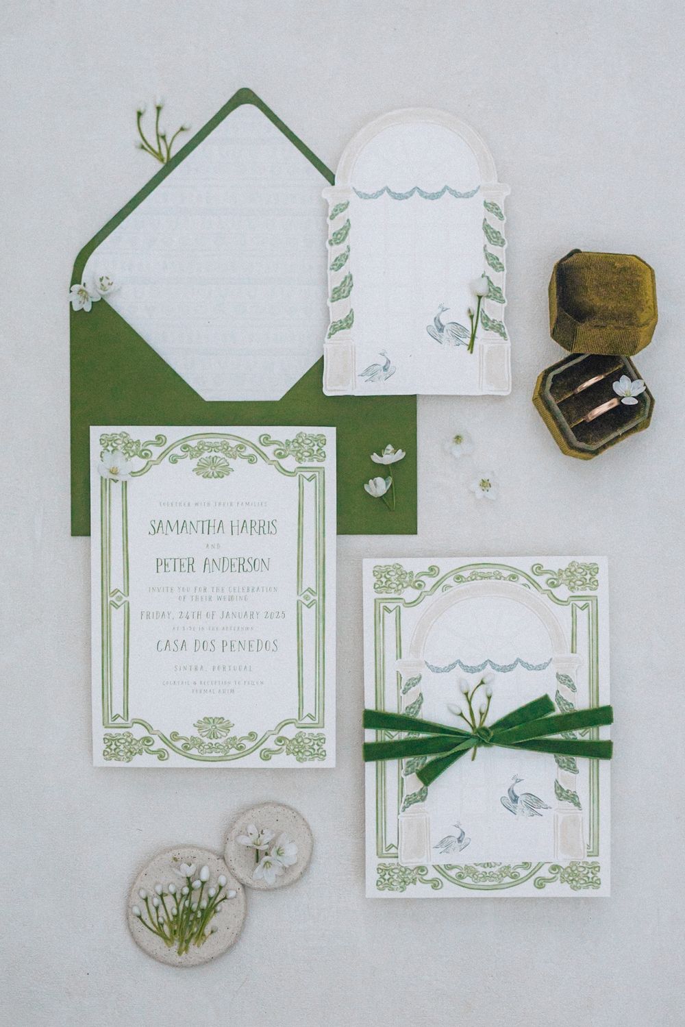 Elegant wedding stationary invitation suite with floral details and matching envelope. Captured by a Portugal wedding photographer