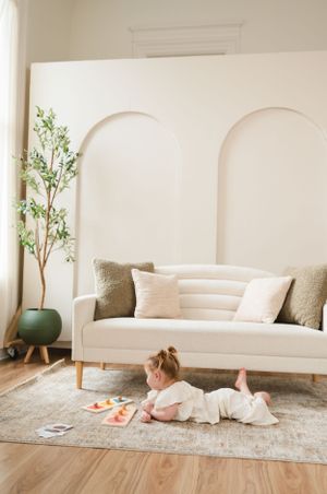 A minimalist living room with white sofa, arched walls, and potted plant in natural light.