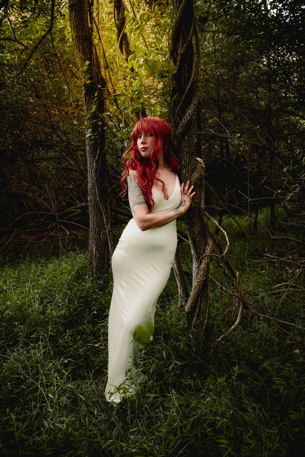 Dreamy forest scene with figure in white gown posed among mossy trees.
