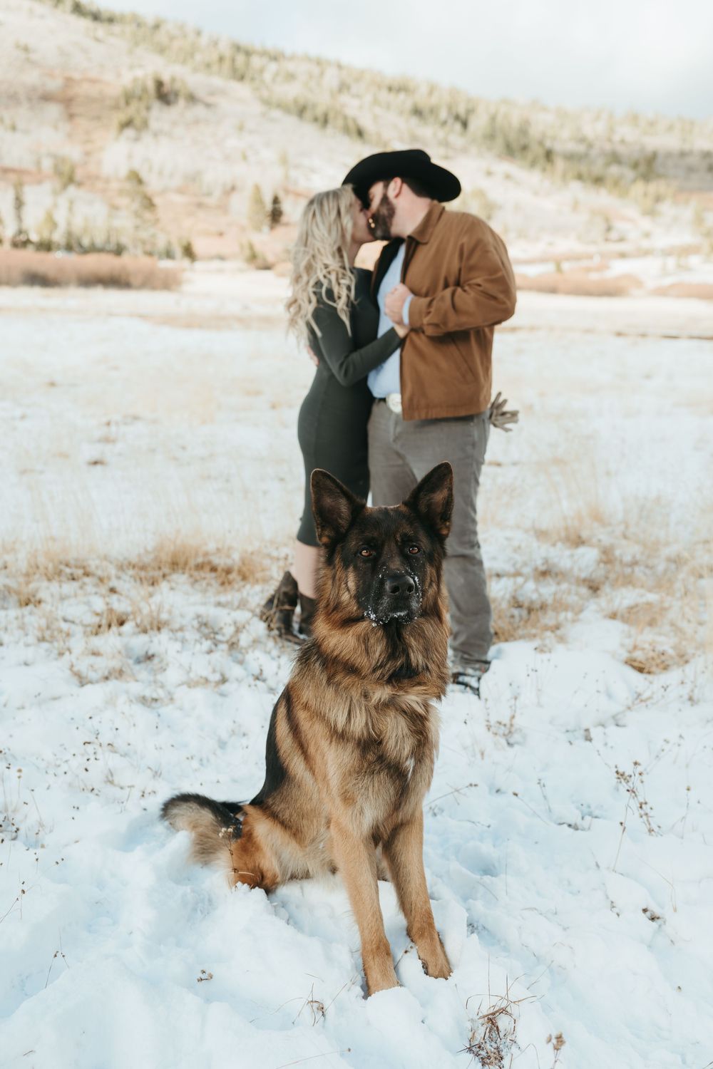 German Shepherd dog sits attentively in snow while couple embrace on winter hillside in rustic outdoor setting.